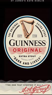 GUINNESS ORIGINAL ST.JAMESS GATE DUBLIN THE ONE THAT STARTED IT ALL ARTHGUINNESS DARK AND LIVELY EXTRA STOUT ORIGINAL RECIPE THE ORIGINAL EXTRA STOUT EST. 1759ST.JAMES'S 1759