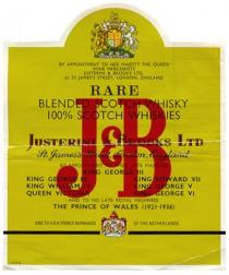 J B & ТНЕ RARE JUSTERINI BROOKS LTD BLENDED SCOTCH WHISKY 100 THE PRINCE OF WALES KING QUEEN В