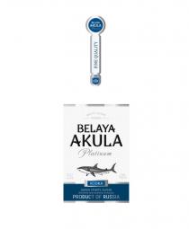 BELAYA AKULA PLATINUM FINE QUALITY KLVZK WHITE SHARK VODKA GRAIN SPIRITS ALPHA DISTILLED AND BOTTLED IN RUSSIA PRODUCT OF RUSSIA