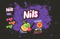 NILS FRUIT CHEWS WITH TASTY FILLINGS ASSORTED WITH JUICE APPLE CHERRY ORANGE THE SWEETS ITSELF IF YOU STRAIGHT UP BITE INTO IT SOMETIMES IT POPS WHICH IS NICE WE GUESSGUESS