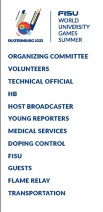 FISU WORLD UNIVERSITY GAMES SUMMER EKATERINBURG 2023 ORGANIZING COMMITTEE VOLUNTEERS TECHNICAL OFFICIAL HB HOST BROADCASTER YOUNG REPORTERS MEDICAL SERVICES DOPING CONTROL GUESTS FLAME RELAY TRANSPORTATIONTRANSPORTATION