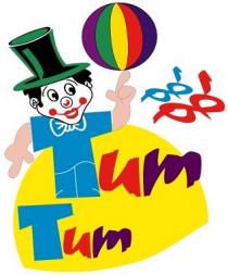 Tum Tum;رسم مهرج يدير بأصبعه كرة ملونة واقفاً على شكل قطاع دائري باللون الأصفر متداخلاً مع عبارة طمطم بحروف