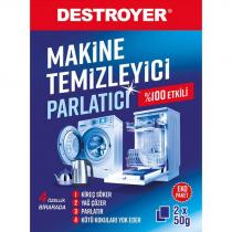 destroyer makine temizleyici parlatıcı %100 etkili 4 özellik birarada 1 kireç söker 2 yağ çözer 3 parlatır 4 kötü kokuları yok eder eko paket 2 * 50g