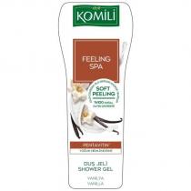 komili 1878 feeling spa cildi çizmeden, ölü derileri nazikçe temizler soft peeling %100 doğal kayısı çekirdeği pentavitin yoğun nemlendirme duş jeli shower gel vanilya vanilla