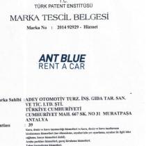 ant blue rent a car türk patent enstitüsü marka tescil belgesi marka no: 2014 92929 hizmet