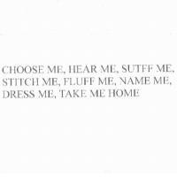 CHOOSE ME, HEAR ME, STUFF ME, STITCH ME, FLUFF ME, NAME ME, DRESS ME, TAKE ME HOME
