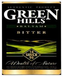 green hills, green, hills, balsam bitter, balsam, bitter, authentic product, authentic, product, wealth of nature, wealth, nature, 18since96, 18, 96, 1896, since