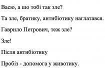 ?, животику, у животику, допомога, пробіз, після, петрович, гаврило, гаврило петрович, наглатався, антибіотику, братику, зле, васю, васю, а шо тобі так зле? та зле, братику, антибіотику наглатався. гаврило петрович, теж зле? зле! після антибіотику пробіз-допомога у животику.