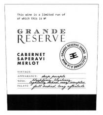 grande reserve, grande, reserve, cabernet saperavi merlot, cabernet, saperavi, merlot, vintage, appearance, deep purple, deep, purple, blackberry blueberry lightally caked very complex, blackberry, blueberry, lihgtally, caked, very, complex, bodied aftertaste, bodied, aftertaste, grande reserve shabo, shabo, ee, selection a la main, selection, main, this wine is a limited run of which this is №, wine, limited