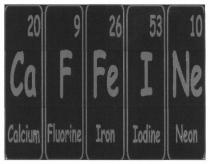 calcium, fluorine, iron, iodine, neon, ca, f, fe, i, ne, 20, 9, 26, 53, 10, caffeine