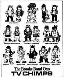 BERT & ALF DOLITTLE DAME NELLIE CASSATA MR S. BEND & PLUMBERS MATE MR. SHIFTER & SEBASTIAN SHIFTER CYRIL THE CYCLIST & SUZANNE ALBERT & MABEL CULPEPPER MR. BOTCHIT SERGEANT CHIMP CAPTAIN HAMPSTEAD MANUAL DEL SAUCER MUSTAPHER CUPPA The Brooke Bond Oxo TV C