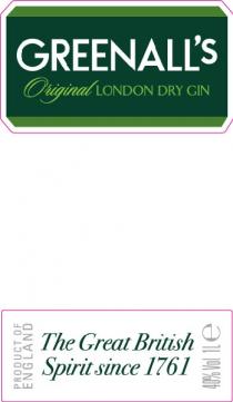 GREENALL'S ORIGINAL LONDON DRY GIN PRODUCT OF ENGLAND THE GREAT BRITISH SPIRIT SINCE 1761