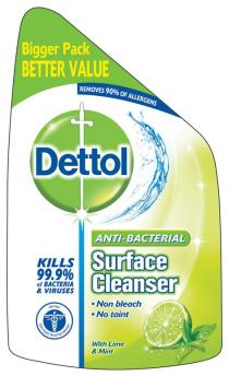 Bigger Pack BETTER VALUE REMOVES 90% OF ALLERGENS Dettol KILLS 99.9% of BACTERIA& VIRUSES ANTI-BACTERIAL Surface Cleanser Non bleach No taint With Lime & Mint