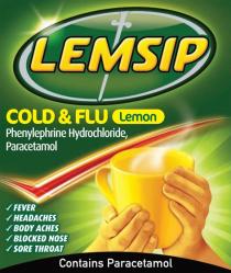 LEMSIP COLD & FLU Lemon Phenylephrine Hydrochloride Paracetamol Fever Headaches Body Aches Blocked Nose Sore Throat Contains Paracetamol