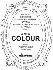 PROUDLY CONCEIVED AND MANUFACTURED BY DAVINES RESEARCH LABORATORIES IN PARMA ITALY A NEW COLOUR WITH CAROTENOIDS & MELANIN DAVINES PREMIUM QUALITY FORMULA AMMONIA FREE HAIR COLOURING SYSTEM COLORAZIONE PER CAPELLI SENZA AMMONIACA