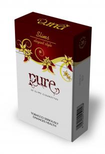 PURE, Slims, elegant style, 20 slims cigarettes, tobacco seriously damages health, made in EU