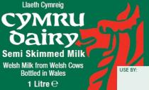 Llaeth Cymreig CYMRU DAIRY Semi Skimmed Milk Welsh Milk from Welsh Cows Bottled in Wales 1 Litre e USE BY: