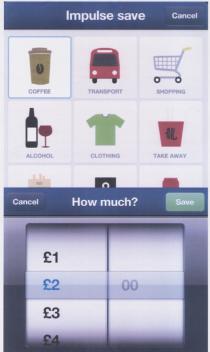 Impulse save Cancel COFFEE TRANSPORT SHOPPING ALCOHOL CLOTHING TAKE AWAY Cancel How much? Save £1 £2 £3 £4