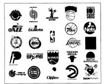 CLEVELAND CAVALIERS, portland trailblazers, B MILWAUKEE BUCKS, KNICKS, PHOENIX SUNS, UTAH JAZZ, WASHINGTON bullets, BOSTON CELTICS, P INDIANA PACERS, M DALLAS MAVERICKS, HOUSTON ROCKETS, SAN ANTONIO SPURS, DETROIT PISTONS, NBA, KANSAS CITY KINGS, SAN DIEG