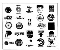 CLEVELAND CAVALIERS, portland trailblazers, B MILWAUKEE BUCKS, KNICKS, PHOENIX SUNS, UTAH JAZZ, WASHINGTON bullets, BOSTON CELTICS, P INDIANA PACERS, M DALLAS MAVERICKS, HOUSTON ROCKETS, SAN ANTONIO SPURS, DETROIT PISTONS, NBA, KANSAS CITY KINGS, SAN DIEG