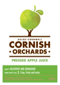 DULOE CORNWALL CORNISH ORCHARDS PRESSED APPLE JUICE VARIETY: DISCOVERY AND GRENADIER SHARP/SWEET SCALE: 2 Crisp, fruity and zesty PRODUCED AND BOTTLED AT WESTNORTH MANOR FARM, CORNWALL