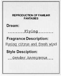 REPRODUCTION OF FAMILIAR FANTASIES Dream: Flying Fragance Description: Fusing citrus and fresh wind Style Description: Gender Anonymous