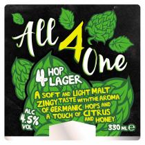 All 4 One 4 HOP LAGER a soft and light malt zingy taste with the aroma of Germanic Hops and a touch of citrus and honey