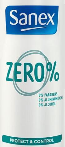 SANEX ZERO % 0% PARABENS 0% ALUMINIUM (ACH) 0% ALCOHOL PROTECT & CONTROL