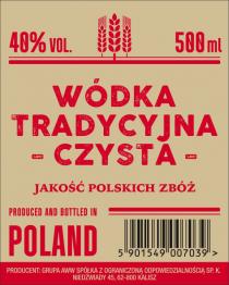 WÓDKA TRADYCYJNA CZYSTA 40% VOL. 500 ml JOAKOŚĆ POLSKICH ZBÓŻ PRODUCED AND BOTTLED IN POLAND