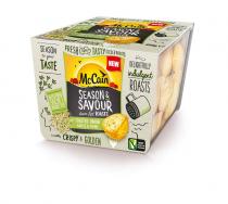 McCain SEASON & SAVOUR Goose Fat ROASTS with TOASTED ONION GARLIC & THYME fresh fluffy tasty golden roasts season to your taste seasoning sachet inside pot incredibly crispy & golden delightfully indulgent roasts