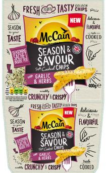 McCain SEASON & SAVOUR Triple Cooked Chips with GARLIC & HERBS fresh fluffy tasty golden chips season to your taste seasoning sachet inside pot incredibly crunchy & crispy triple cooked delicious & flavourful