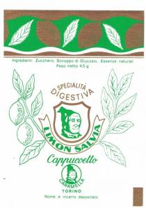 Limon Salvia Cappuccetto CARAMELLA TORINO nome e incarto depositato SPECIALITÀ DIGESTIVA Ingredienti: Zucchero, Sciroppo di Glucosa, Eseenze naturali Peso netto 4,5 g.