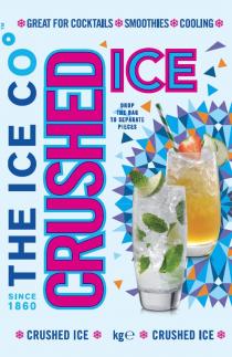 CRUSHED ICE, THE ICE CO, SINCE 1860, GREAT FOR COCKTAILS, SMOOTHIES, COOLING, DROP THE BAG TO SEPARATE PIECES, CRUSHED ICE, kge