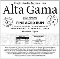 SINGLE BLENDED GUYANA RUM ALTA GAMA BRUT NATURE FINE AGED RUM A BLEND OF RUMS FROM THE THREE ICONIC STILLS PORT MOURANT, ENMORE & UITVLUGT PRODUCT OF GUYANA SUGAR 0 G/L ADDED RUM NO. 1 SERIES