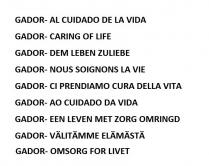 GADOR- AL CUIDADO DE LA VIDA; CARING OF LIFE; DEM LEBEN ZULIEBE; NOUS SOIGNONS LA VIE; CI PRENDIAMO CURA DELLA VITA; AO CUIDADO DA VIDA; EEN LEVEN MET ZORG OMRINGD; VÄLITÄMME ELÄMÄSTÄ; OMSORG FOR LIVET