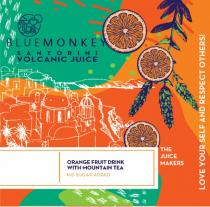 BLUEMONKEY SANTORINI VOLCANIC JUICE THE JUICE MAKERS ORANGE FRUIT DRINK WITH MOUNTAIN TEA LOVE YOUR SELF AND RESPECT OTHERS!