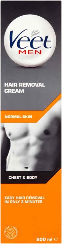 Veet MEN HAIR REMOVAL CREAM NORMAL SKIN CHEST & BODY EASY HAIR REMOVAL IN ONLY 3 MINUTES DERMATOLOGICALLY TESTED 200 ml e