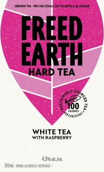 BREWED TEA PER CAN (355 mL) 100 CALORIES & 3 g SUGAR FREED EARTH HARD TEA SUSTAINABLY SOURCED TEA 100 CALORIES PER CAN (355 mL) WHITE TEA WITH RASPBERRY 4.5% alc./vol. 355 mL VODKA ALCOHOLIC BEVERAGE