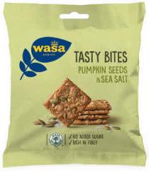 WASA SINCE 1919 TASTY BITES PUMPKIN SEEDS & SEA SALT WASA CO2 COMPENSATED NO ADDED SUGAR RICH IN FIBER