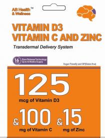 AB HEALTH TM & WELLNESS VITAMIN D3 VITAMIN C AND ZINC TRANSDERMAL DELIVERY SYSTEM 16 SLOW RELEASE TECHNOLOGY PATCHES UP TO 16 WEEKS SUPPLY VEGAN FRIENDLY AND GF(GLUTEN FREE) 125 MCG OF VITAMIN D3 & 100 MG OF VITAMIN C & 15 MG OF ZINC