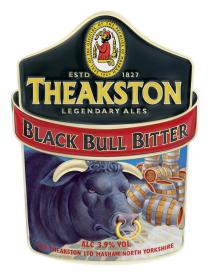 SEAL OF THE OFFICIAL OF THE PECULIER OF MASHAM 1741 ESTD 1827 THEAKSTON LEGENDARY ALES BLACK BULL BITTER ALC 3.9% VOL T&R THEAKSTON LTD MASHAM NORTH YORKSHIRE