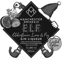 MANCHESTER DRINKS CO ELF ELDERFLOWER, LIME & FIG GIN LIQUEUR SMALL BATCH GIN TRADITIONALLY DISTILLED & CUT WITH ELDERFLOWER, LIME & FIG FLAVOUR LIMITED EDITION ALC.20% VOL 500ML℮