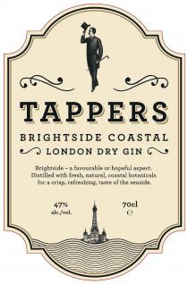 TAPPERS BRIGHTSIDE COASTAL LONDON DRY GIN BRIGHTSIDE - A FAVOURABLE OR HOPEFUL ASPECT. DISTILLED WITH FRESH, NATURAL, COASTAL BOTANICALS FOR A CRISP, REFRESHING, TASTE OF THE SEASIDE. 47% 70CL ALC./VOL.