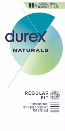 98% NATURAL ORIGIN INGREDIENTS LUBE DUREX NATURALS REGULAR FIT THIN CONDOMS WITH LUBE DESIGNED FOR VAGINAS