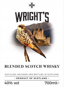 WRIGHT'S BLENDED SCOTCH WHISKY DISTILLED, MATURED AND BOTTLED IN SCOTLAND · PRODUCT OF SCOTLAND . 40% VOL 700ML℮