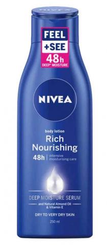 FEEL +SEE 48H DEEP* MOISTURE NIVEA BODY LOTION RICH NOURISHING 48H | INTENSIVE MOISTURISING CARE DEEP MOISTURE SERUM AND NATURAL ALMOND OIL & VITAMIN E DRY TO VERY DRY SKIN 250 ML