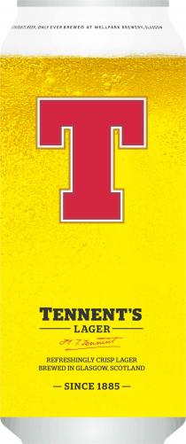 T TENNENT'S LAGER H.T.TENNENT REFRESHINGLY CRISP LAGER BREWED IN GLASGOW, SCOTLAND - SINCE 1885 -