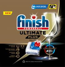 NEW FINISH POWERBALL ULTIMATE PLUS ALL IN 1 SAVE WATER NO PRE-RINSE NEEDED HANDLE AND STORE SAFELY WWW.CLEANRIGHT.EU A.I.S.E INTENSIVE CLEAN 1 TACKLES BURNT ON STAINS 2 DIAMOND SHINE 3 CARE & PROTECT* 4 XX TABS CYCLESYNC 4 ACTIONS THROUGHOUT THE CYCLE REC