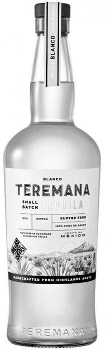 TEREMANA BLANCO HECHCO EN MEXICO BLANCO TEREMANA SMALL BATCH TEQUILA DTA BOTTLE GLUTEN FREE 100% PURO DE AGAVE DISTILLED IN HANDMADE COPPER POT STILLS HECHCO EN MEXICO 40% ALC VOL HANDCRAFTED FROM HIGHLANDS AGAVE TEREMANA