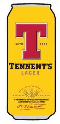 T ESTD 1885 TENNENT'S LAGER ONLY EVER BREWED AT WELLPARK GLASGOW ALWAYS BREWED WITH 100% SCOTTISH BARLEY AND THE FRESHEST HIGHLAND WATER H. T. TENNENT